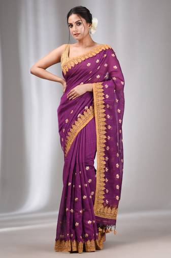 Purple  Blended Cotton Handwoven Saree With Flower Motifs