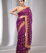 Purple  Blended Cotton Handwoven Saree With Flower Motifs