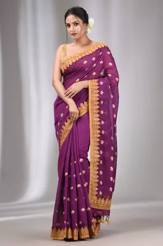 Purple  Blended Cotton Handwoven Saree With Flower Motifs