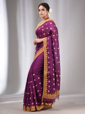Purple  Blended Cotton Handwoven Saree With Flower Motifs 3