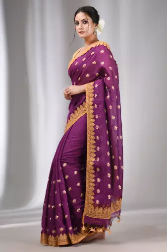 Purple  Blended Cotton Handwoven Saree With Flower Motifs