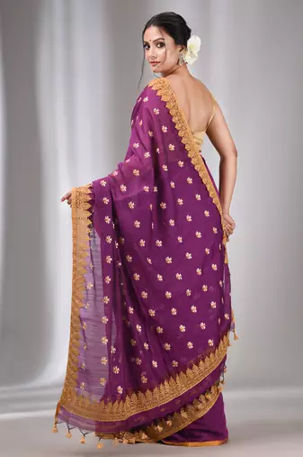 Purple  Blended Cotton Handwoven Saree With Flower Motifs