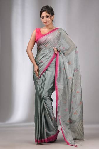 Grey Tissue Cotton Handspun Handwoven Soft Saree With Stripes Pallu