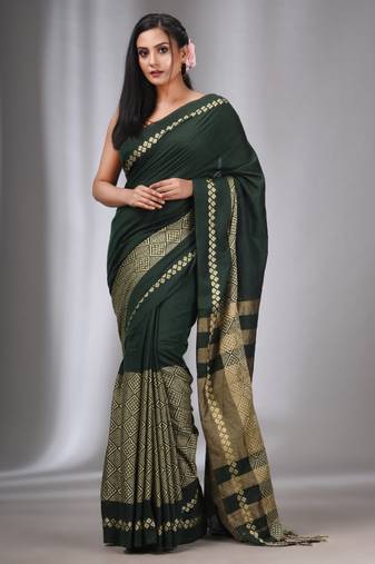 Dark Green Cotton Handwoven Saree With Texture Designs