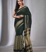 Dark Green Cotton Handwoven Saree With Texture Designs
