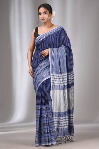 Blue Cotton Handwoven Saree with Stripes Designs