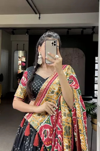 Women's Tussar Silk With Patola Print And Foil Work Lehenga Choli