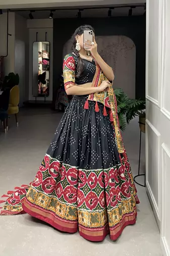 Women's Tussar Silk With Patola Print And Foil Work Lehenga Choli