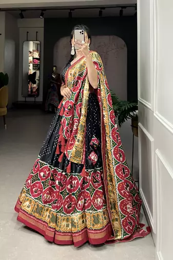 Women's Tussar Silk With Patola Print And Foil Work Lehenga Choli