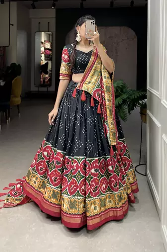 Women's Tussar Silk With Patola Print And Foil Work Lehenga Choli