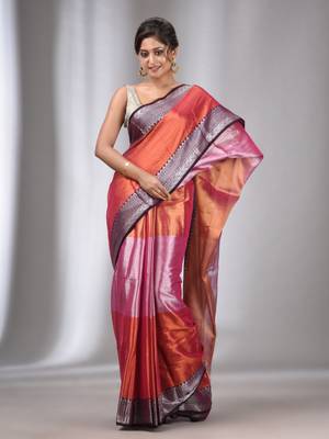 Copper And Pink Tissue Handwoven Saree With Zari Border 1