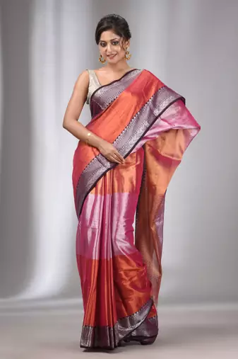 Copper And Pink Tissue Handwoven Saree With Zari Border