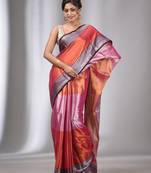 Copper And Pink Tissue Handwoven Saree With Zari Border