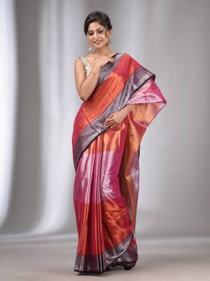 Copper And Pink Tissue Handwoven Saree With Zari Border 2