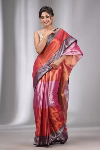 Copper And Pink Tissue Handwoven Saree With Zari Border