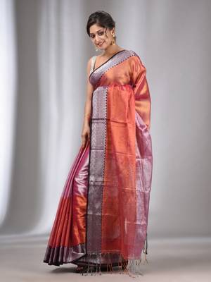 Copper And Pink Tissue Handwoven Saree With Zari Border 3