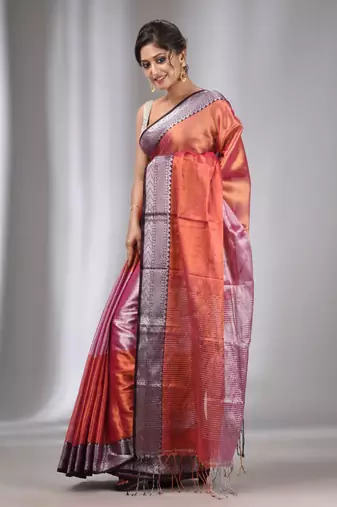 Copper And Pink Tissue Handwoven Saree With Zari Border