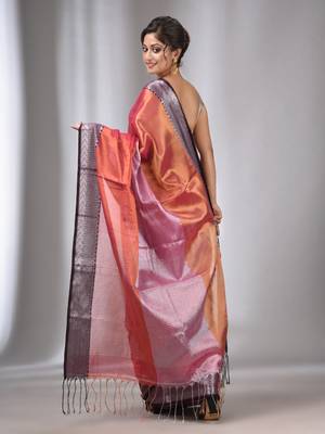 Copper And Pink Tissue Handwoven Saree With Zari Border 4