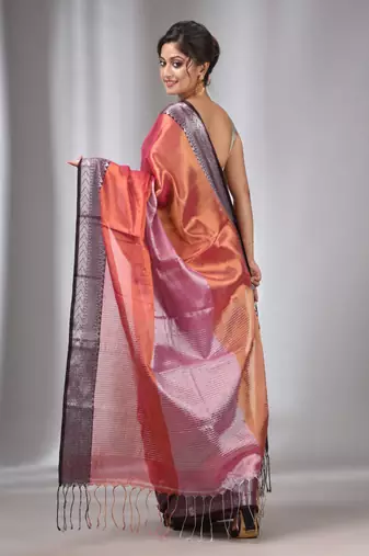 Copper And Pink Tissue Handwoven Saree With Zari Border