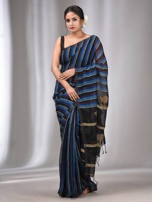 Blue And Black Linen Handwoven Soft Saree With Ghicha Pallu 1