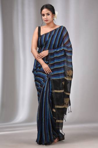 Blue And Black Linen Handwoven Soft Saree With Ghicha Pallu