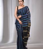 Blue And Black Linen Handwoven Soft Saree With Ghicha Pallu