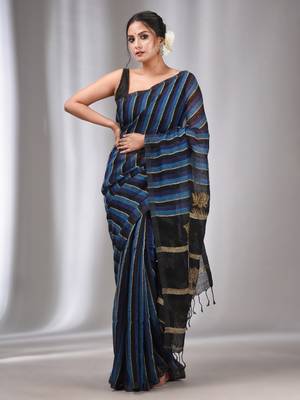 Blue And Black Linen Handwoven Soft Saree With Ghicha Pallu 2
