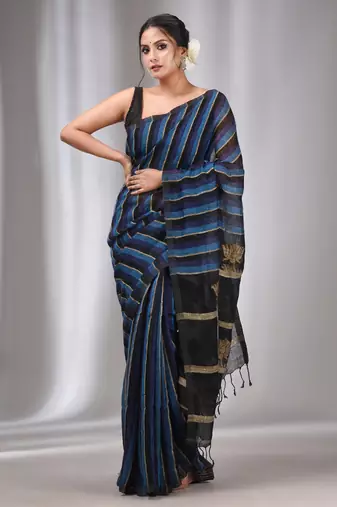 Blue And Black Linen Handwoven Soft Saree With Ghicha Pallu