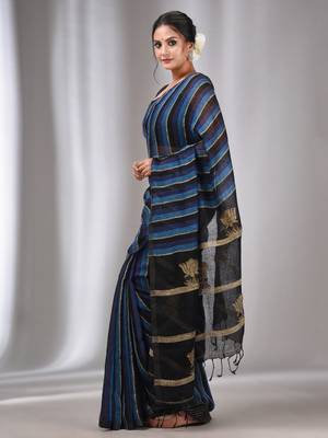 Blue And Black Linen Handwoven Soft Saree With Ghicha Pallu 3