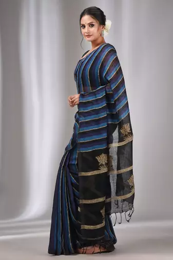 Blue And Black Linen Handwoven Soft Saree With Ghicha Pallu