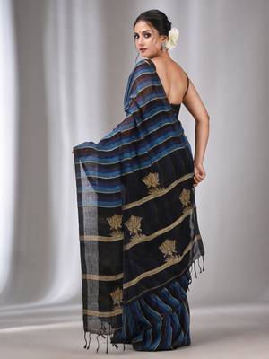 Blue And Black Linen Handwoven Soft Saree With Ghicha Pallu 4