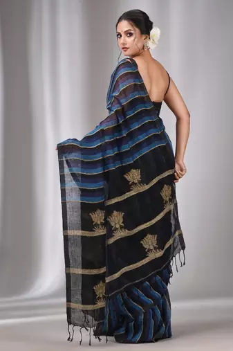 Blue And Black Linen Handwoven Soft Saree With Ghicha Pallu