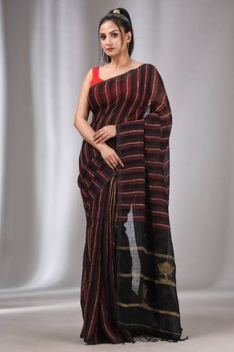 Black And Maroon Linen Handwoven Soft Saree With Ghicha Pallu