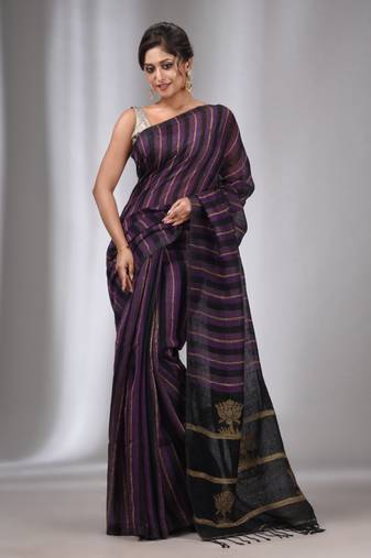 Black And Violet Linen Handwoven Soft Saree With Ghicha Pallu