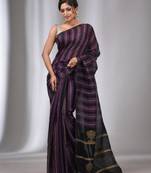 Black And Violet Linen Handwoven Soft Saree With Ghicha Pallu