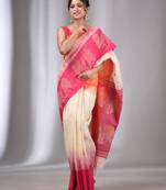 White Linen Handwoven Saree With Flower Motif Designs