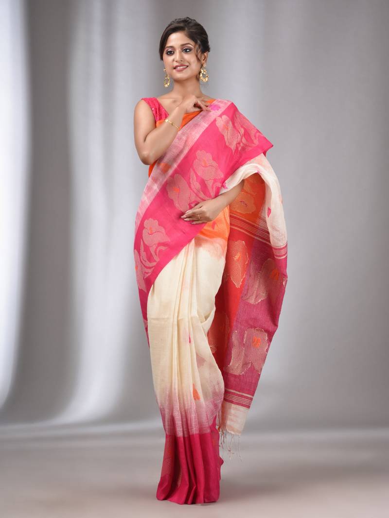 White Linen Handwoven Saree With Flower Motif Designs