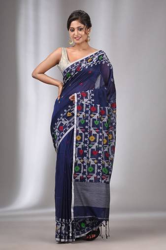 Navy Blue Cotton Handwoven Soft Saree With Jamdani Border