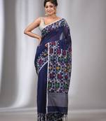 Navy Blue Cotton Handwoven Soft Saree With Jamdani Border