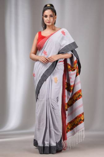 Grey Cotton Handwoven Soft Saree With Animal Motifs