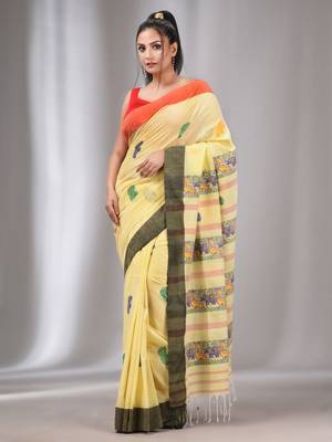 Light Yellow Cotton Handwoven Saree With Animal Designs 1