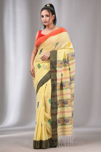 Light Yellow Cotton Handwoven Saree With Animal Designs