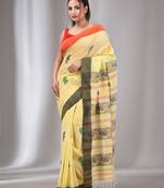 Light Yellow Cotton Handwoven Saree With Animal Designs