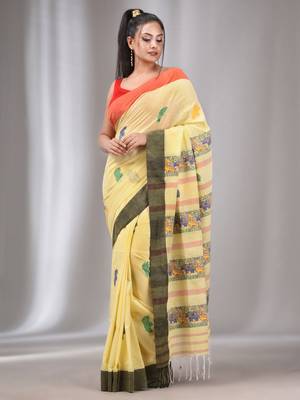 Light Yellow Cotton Handwoven Saree With Animal Designs 2