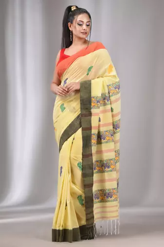 Light Yellow Cotton Handwoven Saree With Animal Designs