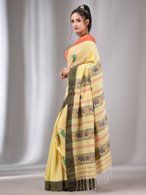 Light Yellow Cotton Handwoven Saree With Animal Designs 3