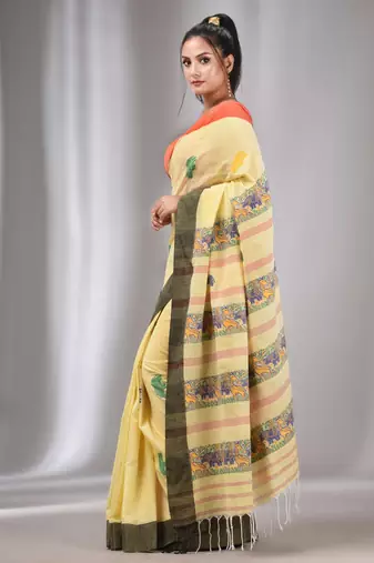 Light Yellow Cotton Handwoven Saree With Animal Designs