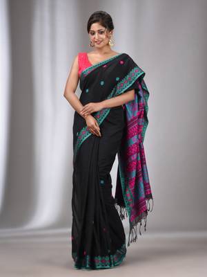 Black Cotton Handwoven Soft Saree With Texture Border 1