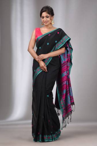 Black Cotton Handwoven Soft Saree With Texture Border