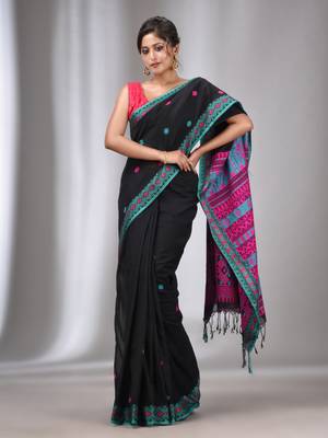 Black Cotton Handwoven Soft Saree With Texture Border 2